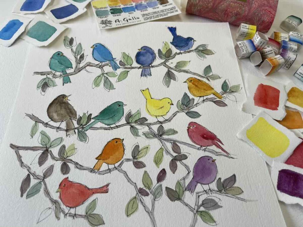 easy watercolor bird painting for beginners swatching Gallo handmade watercolor paints