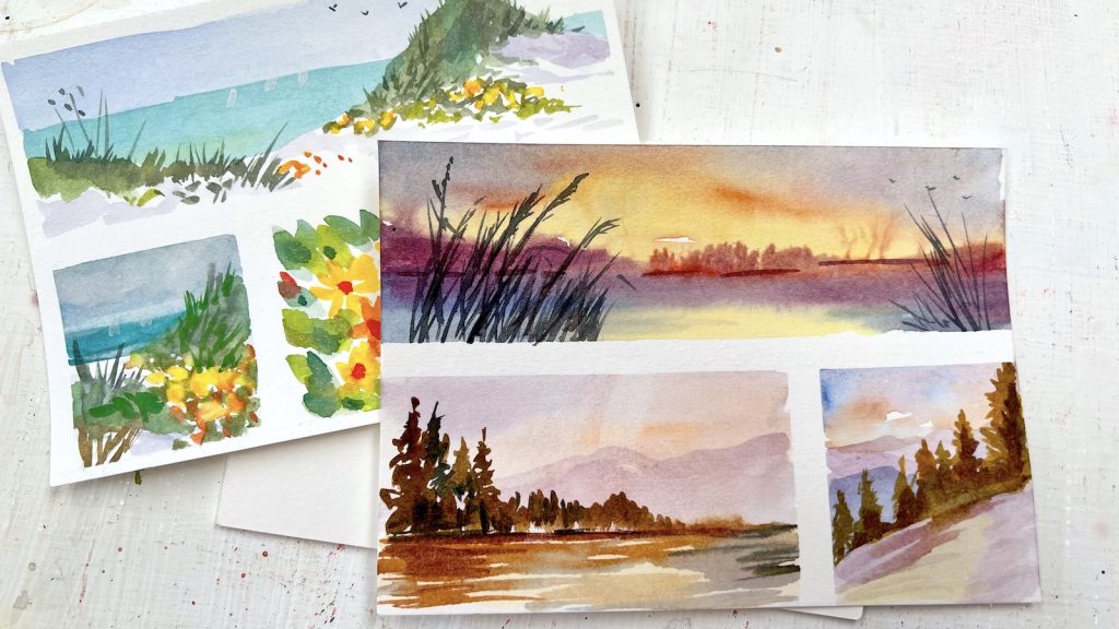 Paint a beautiful Sunset Postcard in Watercolor