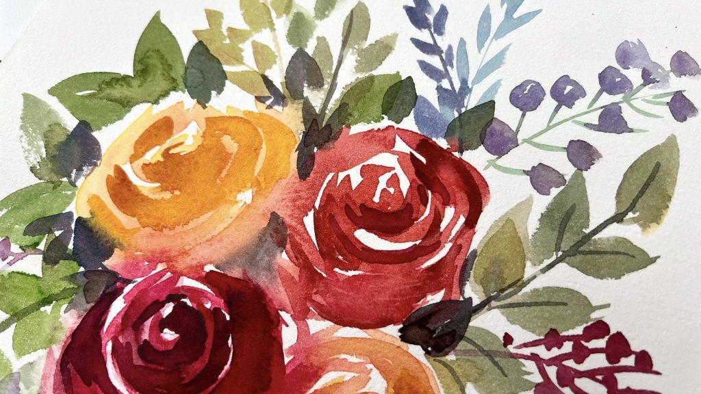 Loose watercolor flowers. Hand painted floral composition of roses