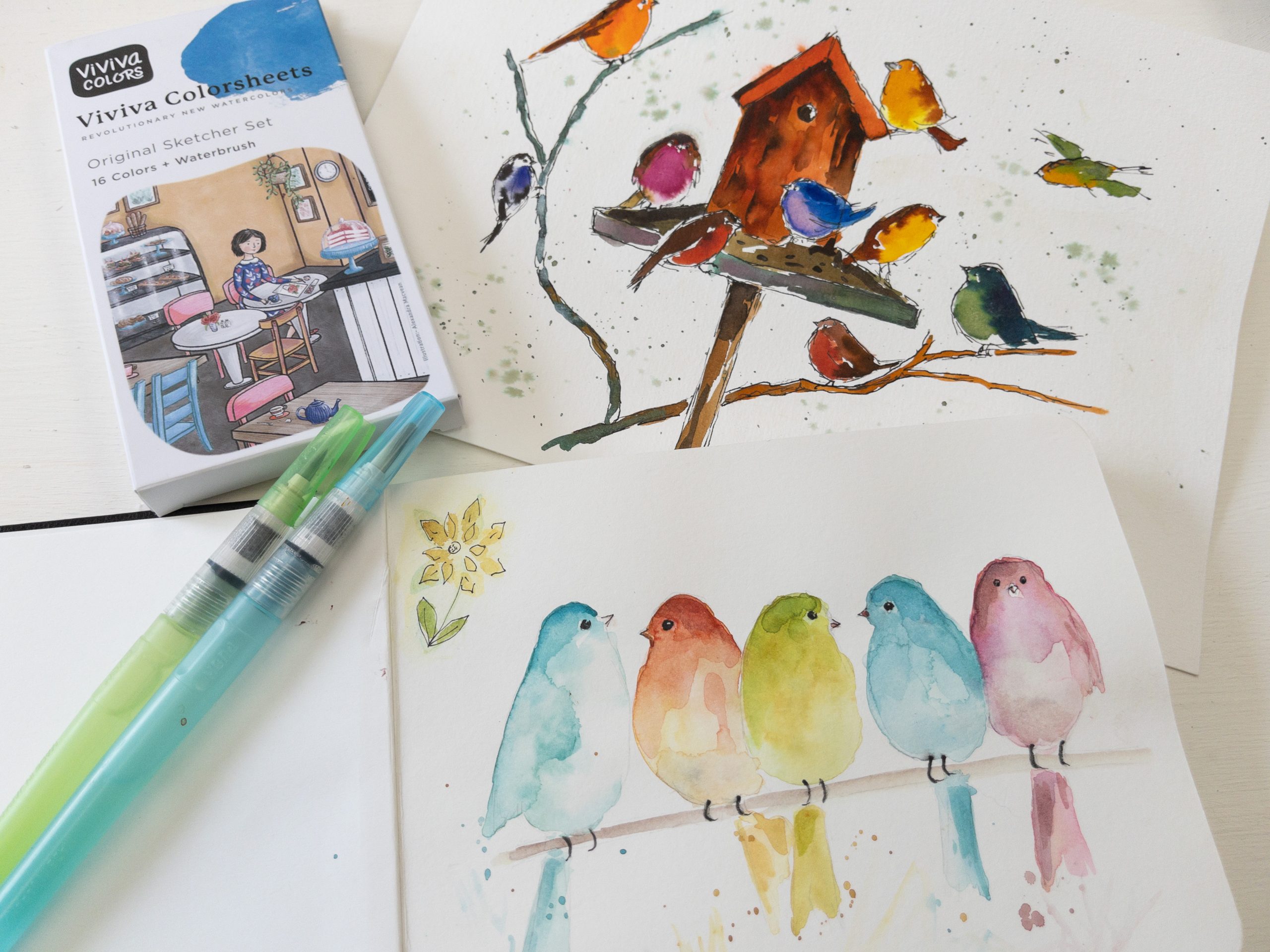 watercolor birds painted with Viviva colorsheets and Kuretake waterbrushes