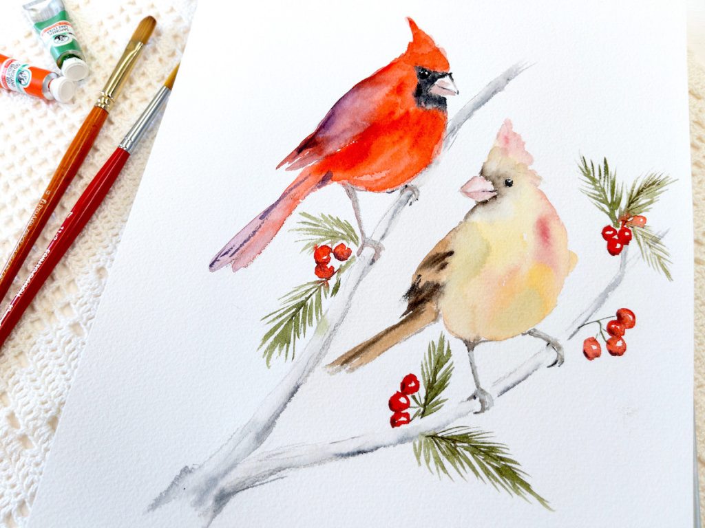 How to paint a pair of Red Cardinals in Watercolor