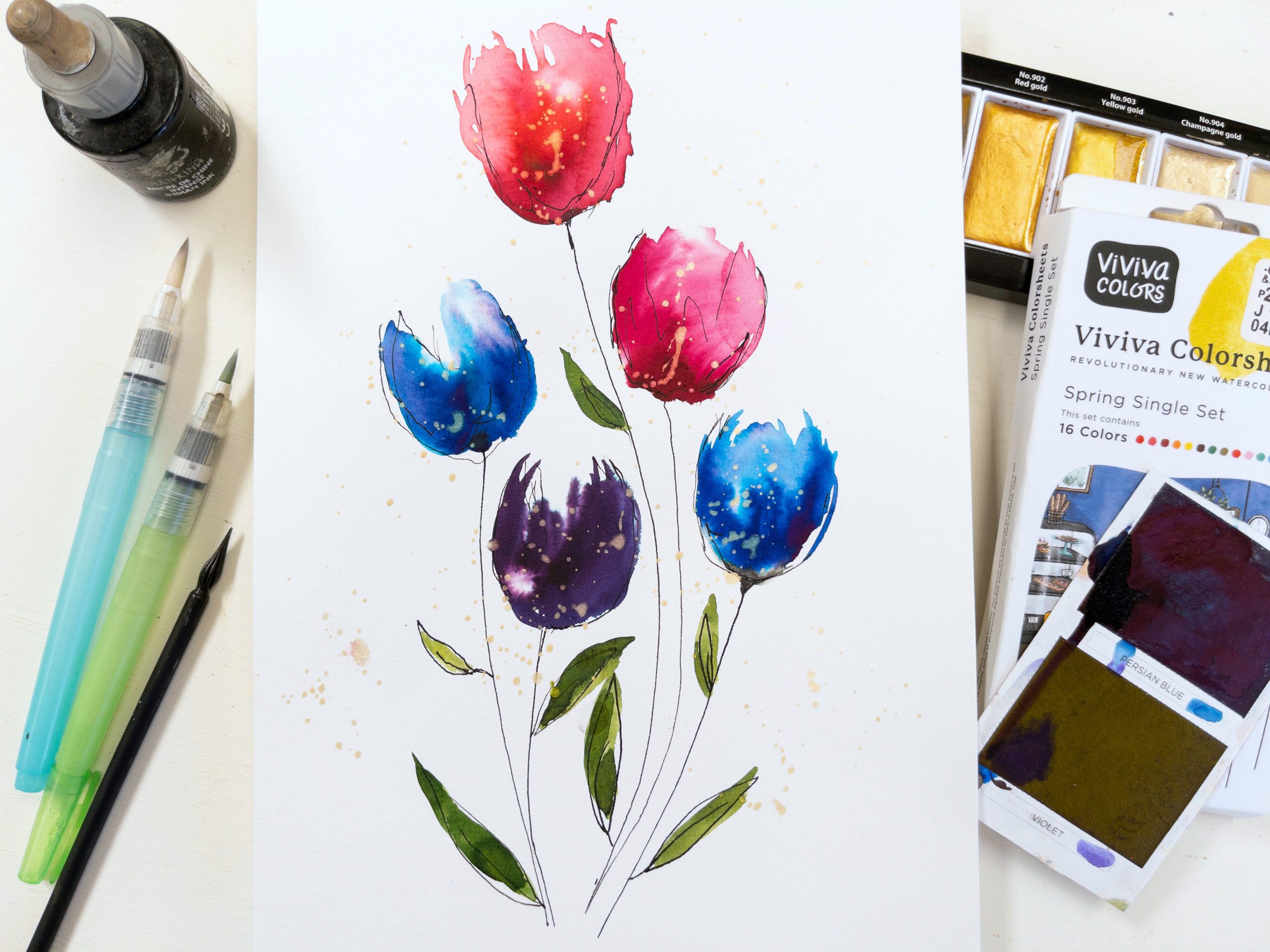 watercolor painting of flowers with Viviva colorsheets and Kuretake waterbrushes in bright colors including Kuretake Starry Colors