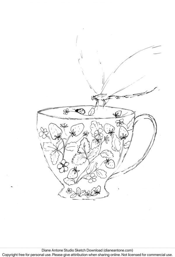 Dragonfly and Teacup Sketch