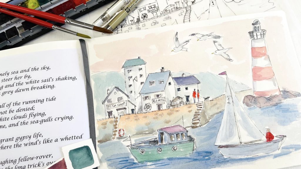 Watercolor Fishing Harbor Scene