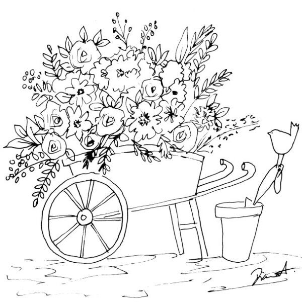 Wheelbarrow and Flowers Sketch