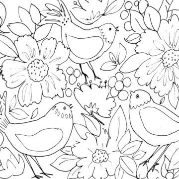 Three Birds in Flowers Leaves and Berries Sketch