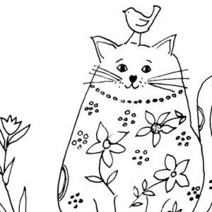 Whimsical Cat with Flowers Sketch