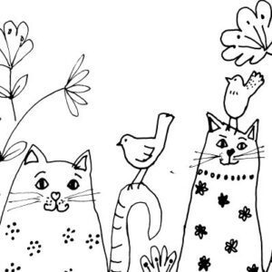 Three Whimsical Cats with Birds Sketch