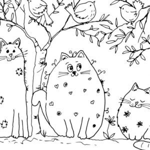 Three Whimsical Cats with Birds Sketch II